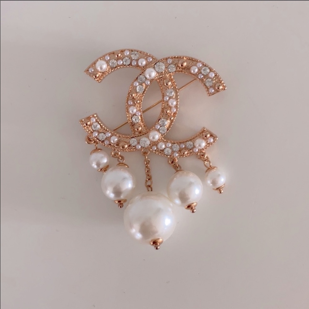 Crystal and pearl Chanel brooch